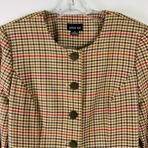 Vintage tan red green houndstooth preppy light academia button blazer jacket 10 - Picture 2 of 6